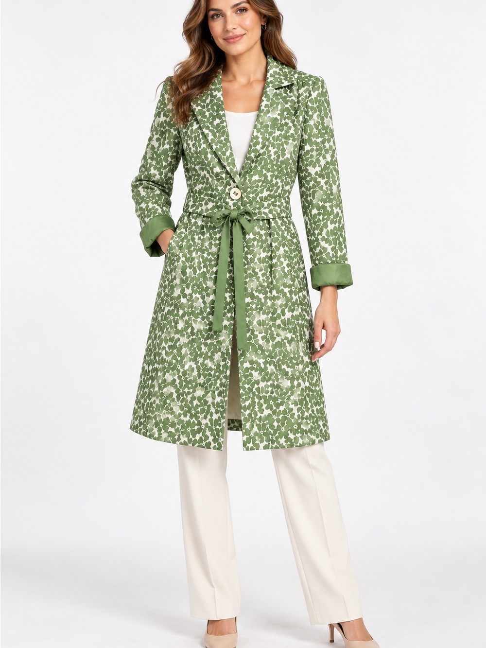 Nine West Sage Green Floral Tie Waist Coat Size M